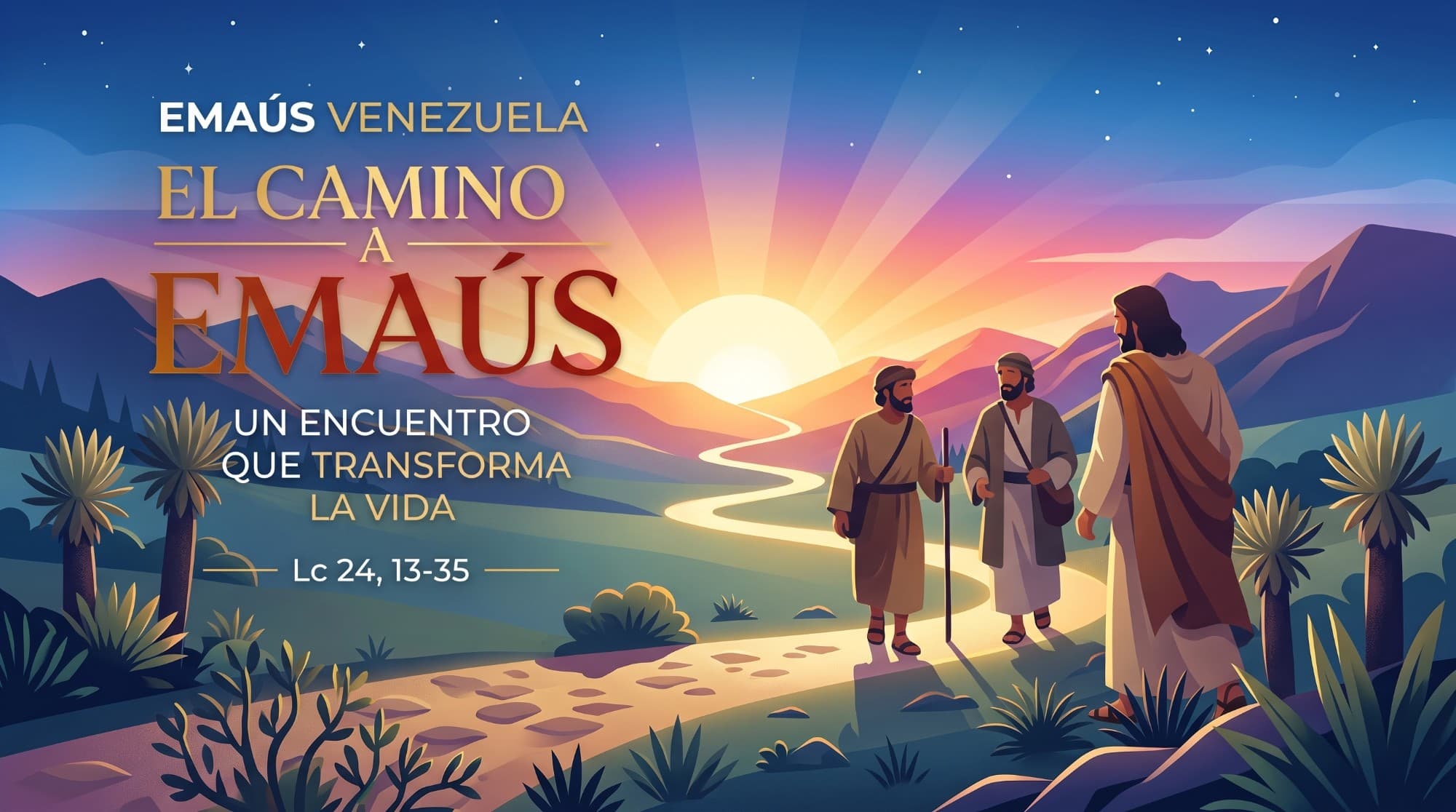 Ilustración: Jesús camina con dos discípulos por el camino a Emaús al atardecer, con el texto «El camino a Emaús, un encuentro que transforma la vida», Lucas 24, 13-35.